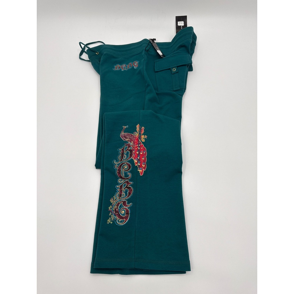 BCBGMaxAzria Women Shrub Green Peacock Graphic Wide Leg Sweatpants BC13742-P L - Picture 6 of 7